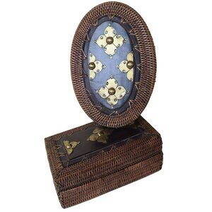 Pair (2) Hand Crafted Wicker Trinket Boxes Wood Brass Detail Old World Rustic